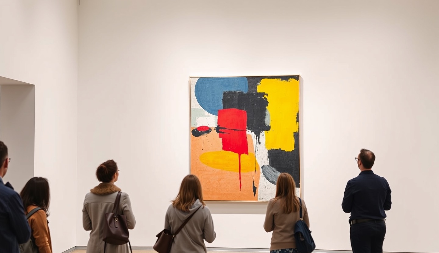 A bold, colourful abstract painting hanging alone on a white gallery wall, with visitors looking at it