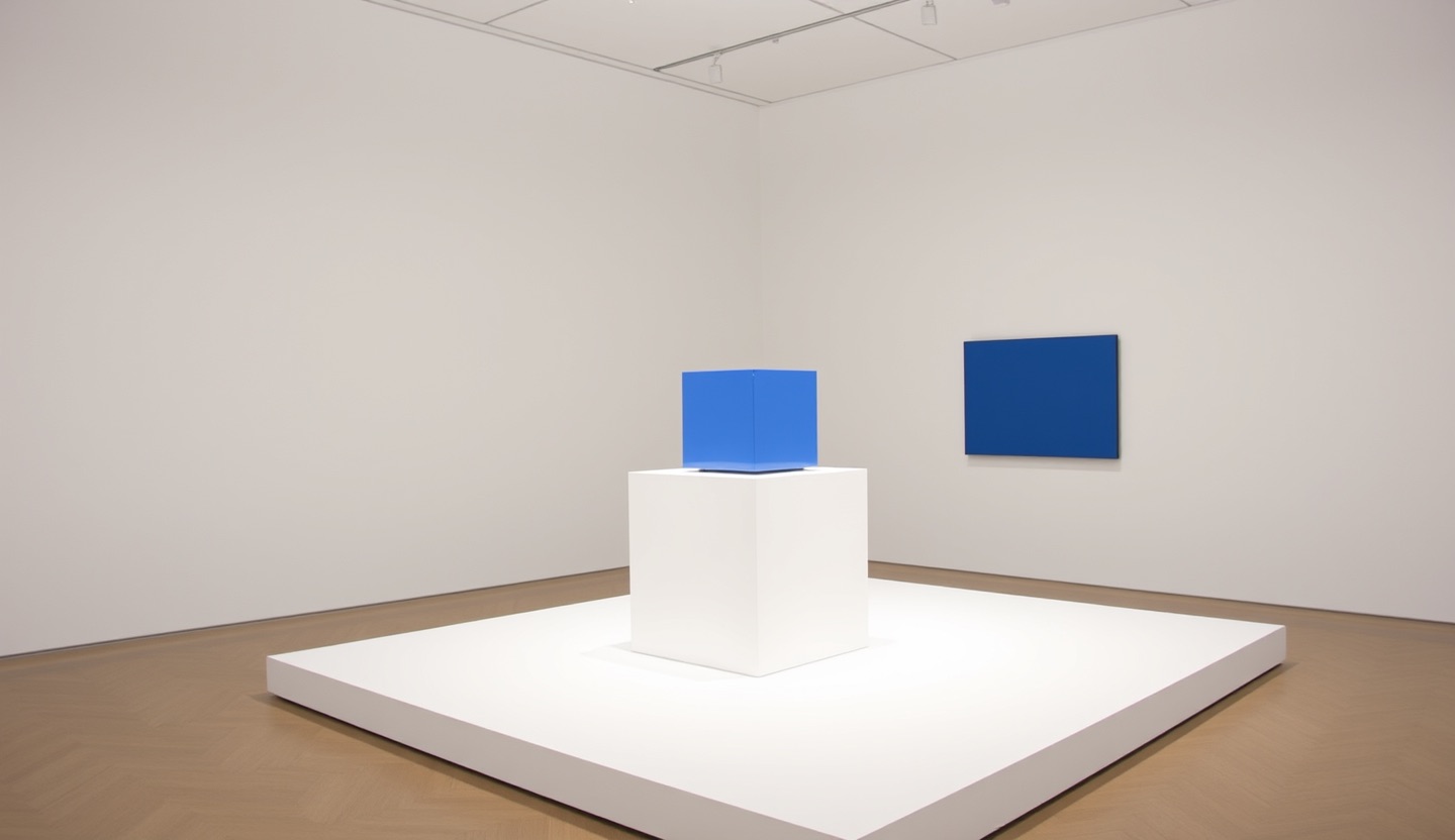 A minimalist sculpture of a single blue cube on a white pedestal in a bright gallery